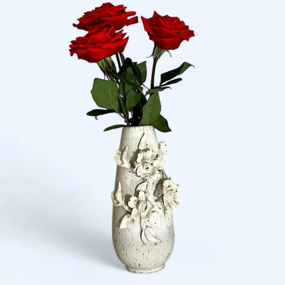 White and Speckled Grey Ceramic Vase 3D Flowers Pottery Home Decor Shabby Chic
